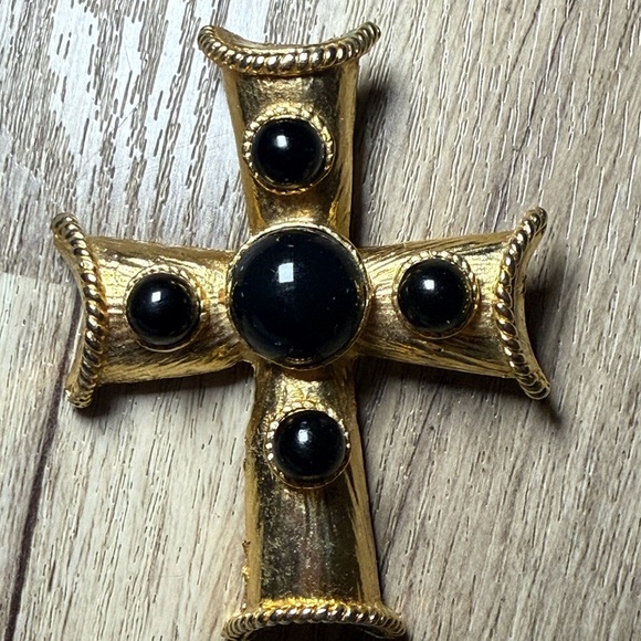 Accessories - Gold Cross Brooch with Black Accents
